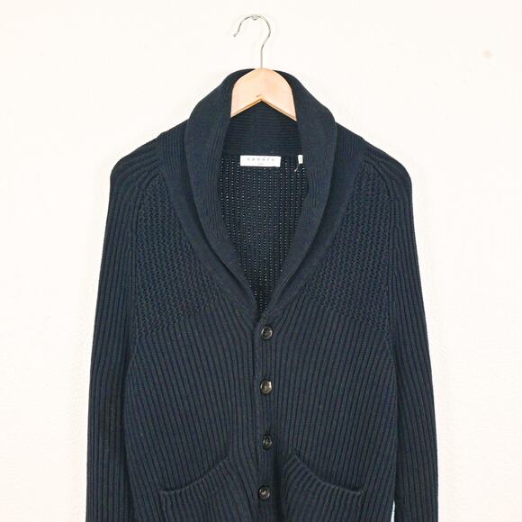 Sandro Paris Men's Shawl Collar Cardigan Sweater Heavy cotton knit Navy Small - Picture 3 of 8